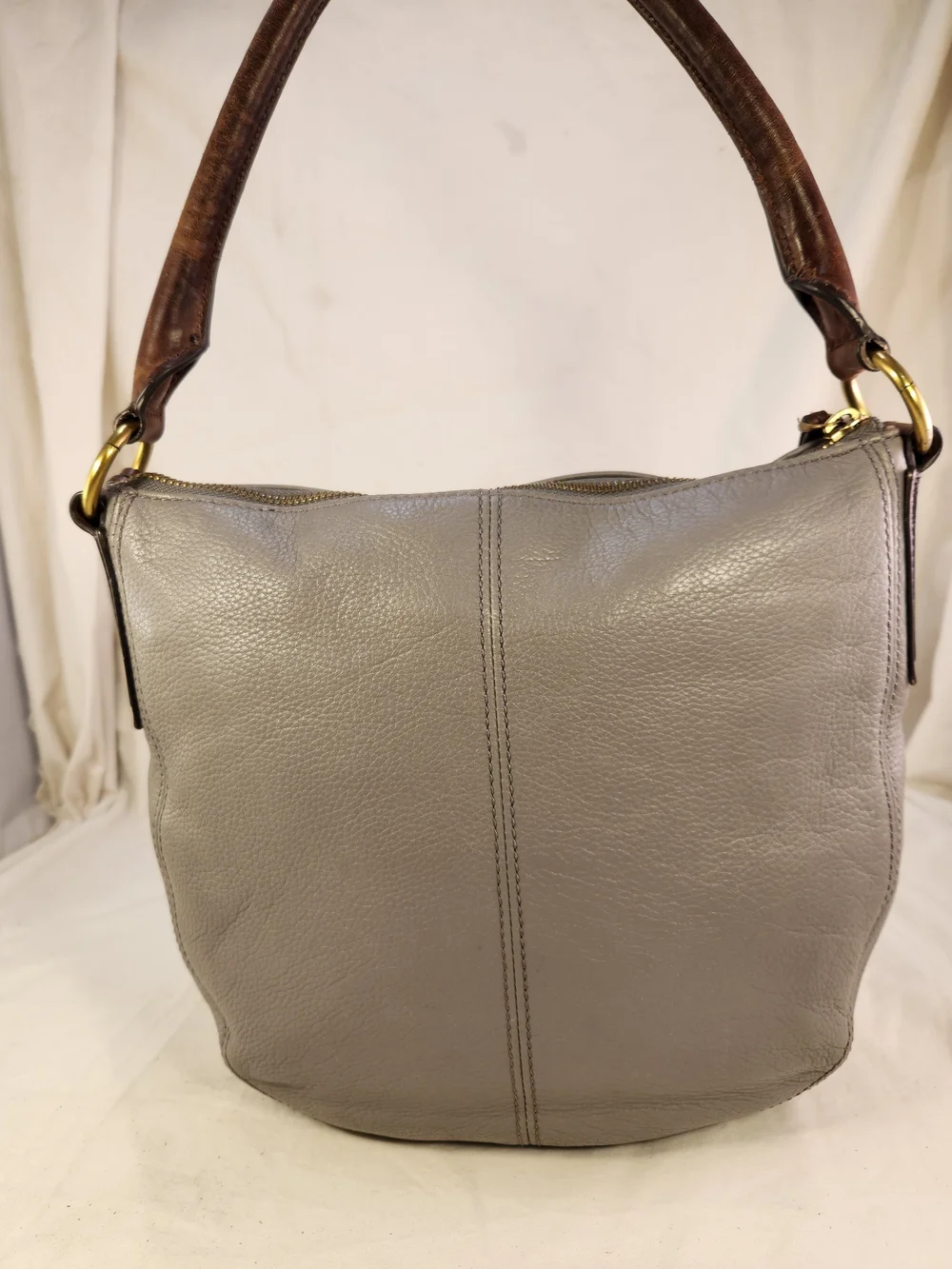 FOSSIL PEBBLED LEATHER GRAY BROWN HAND SHOULDER BAG PURSE EUC